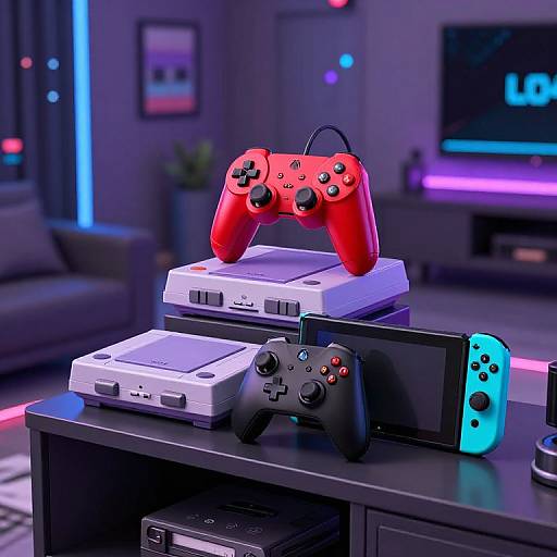 Photograph of a modern gaming setup with a red and black controller, Nintendo Switch, and Nintendo Switch Lite on a black table in a neon-lit