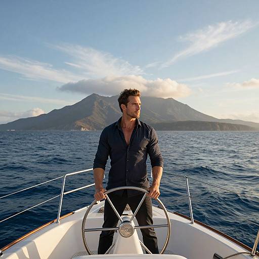 Photograph: Handsome man with short dark hair, dressed in a dark blue shirt, steering a sailboat on a calm sea, with a mountain