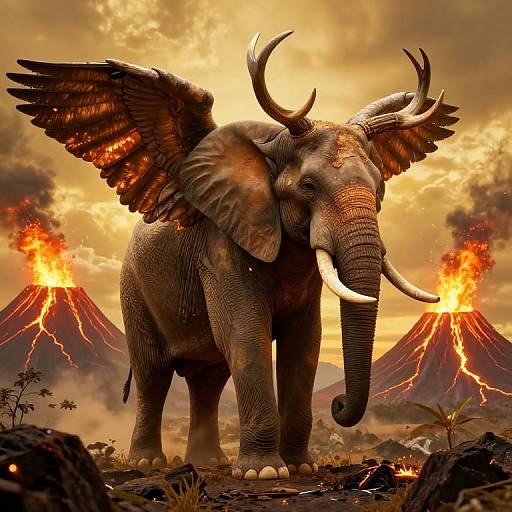 Digital illustration of a winged, horned elephant standing amidst erupting volcanoes with fiery lava flows, under a dramatic, cloudy sky.