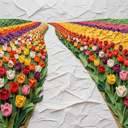 Colorful tulip pathway on crumpled white paper; vibrant reds, purples, yellows, and oranges create a winding, floral design