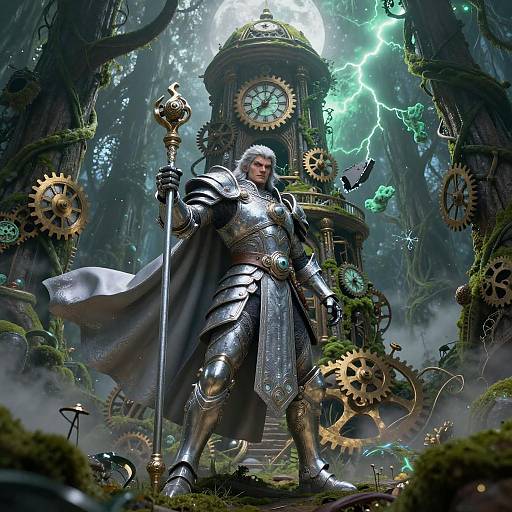 Fierce Silver Warrior in Bioluminescent Clocktower