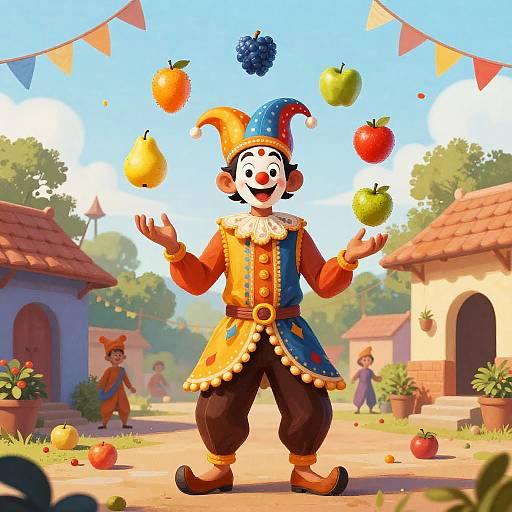 Goofy Indian Jester Juggling Fruits