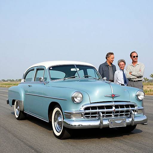 Photograph of three men standing beside a vintage light blue Chevrolet sedan with white-walled tires on an open road. Clear blue sky background. Men wear