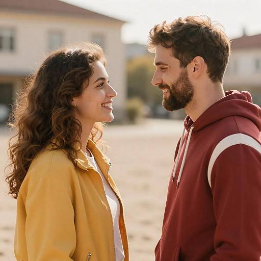 Smiling Couple Facing Each Other Outdoors