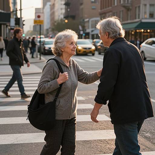 Photograph of an elderly white couple smiling and shaking hands at a city crosswalk, dressed in casual gray and black clothing, with blurred pedestrians and buildings