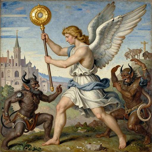 Medieval Angel Battling Demons Above City