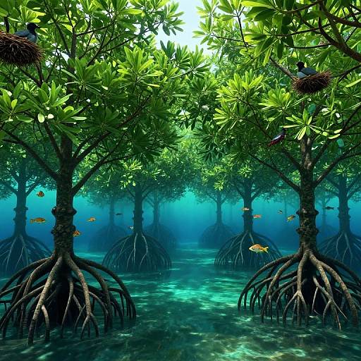 Vibrant digital artwork of a mangrove forest underwater, with lush green leaves, tangled roots, and small orange fish swimming.