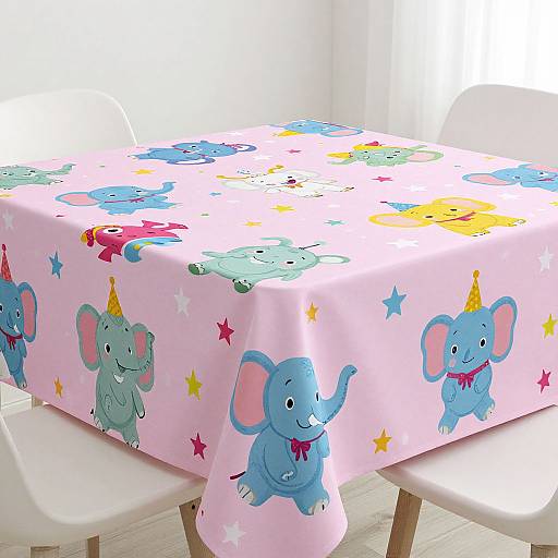 Photograph of a pink tablecloth with cartoon elephants, stars, and colorful shapes, covering a white table in a bright room.