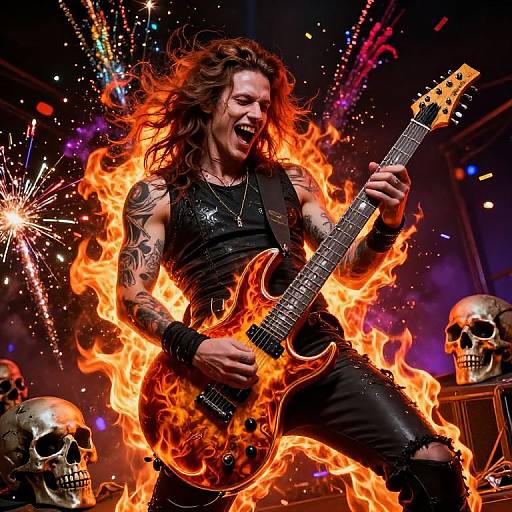 Photograph of a muscular, long-haired rock musician with tattoos, black tank top, and pants, playing an electric guitar engulfed in flames, surrounded
