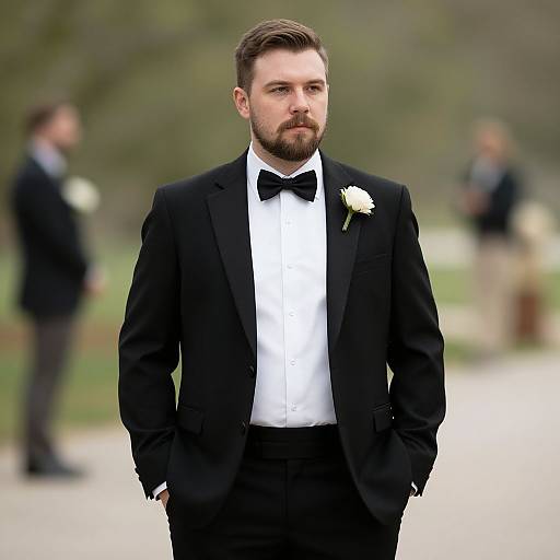 Photograph of a bearded man with short brown hair, wearing a black tuxedo, white shirt, black bow tie, and white rose bout