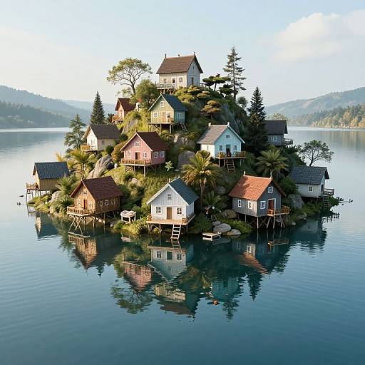 Photorealistic digital artwork of a picturesque island featuring a cluster of colorful wooden houses with red and blue roofs, surrounded by calm, reflective water and lush