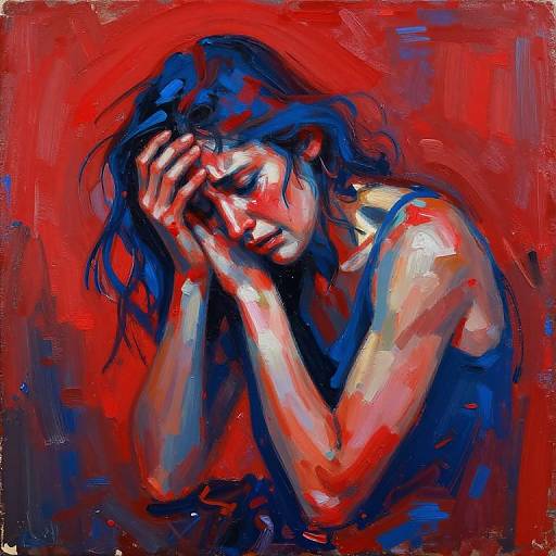 Expressionistic painting of a distressed woman with blue and red painted hair, covering her face with hands, wearing a blue tank top, set against a vibrant