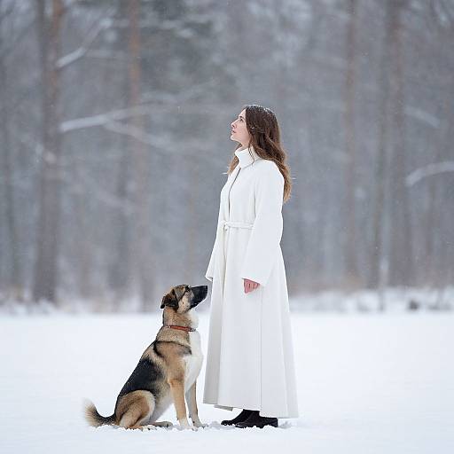 Photograph of a woman in a long white coat standing in snowy forest, facing right, with a German Shepherd sitting beside her.