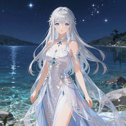 Digital anime-style artwork of a beautiful, blue-eyed, white-haired woman in a glowing white dress with blue gem accents, standing by a night-lit