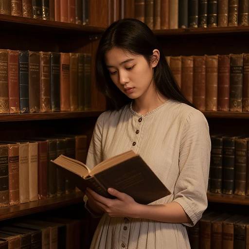 Young Asian woman with long black hair, wearing a white button-down dress, reads a book in a dimly lit library with wooden bookshelves filled