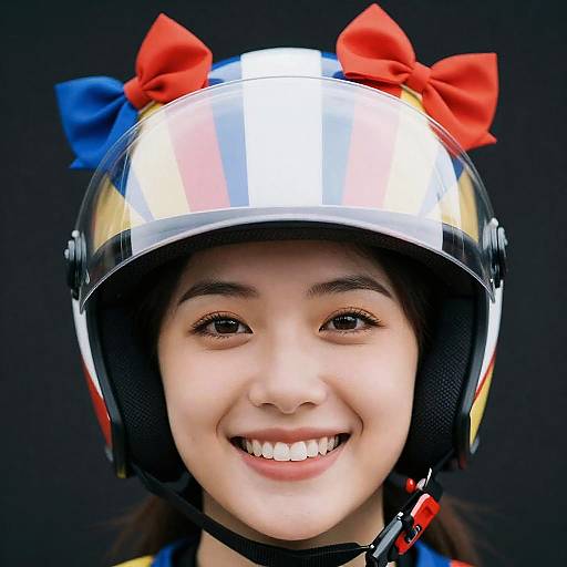 Smiling Woman in Colorful Helmet Close-Up