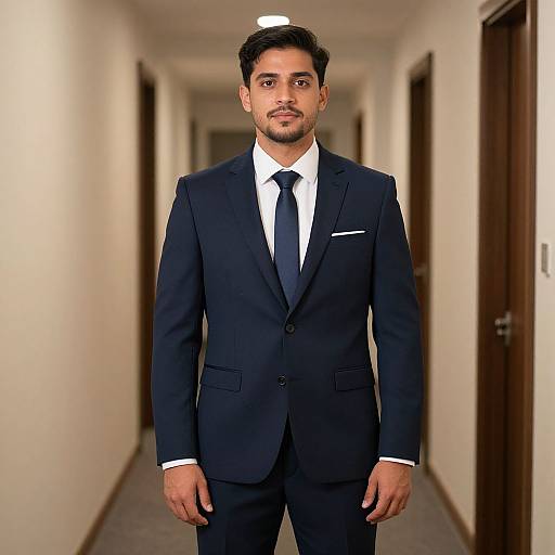 Photograph of a handsome, young South Asian man in a dark navy suit, white shirt, and black tie standing in a brightly lit, empty hallway