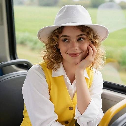 Cheerful Woman on a Bus Ride