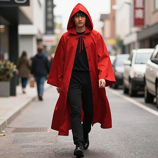 Man Wearing Red Cloak Walking on Street