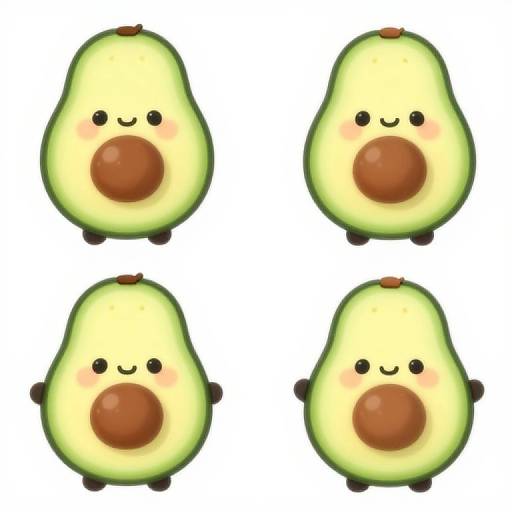 Cute digital illustration of four anthropomorphic avocados with smiling faces, blushing cheeks, and brown pit centers, arranged in a 2x