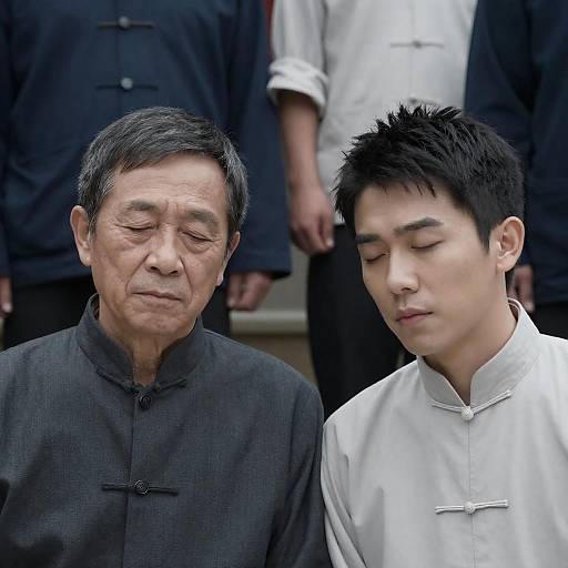 Two Asian Men in Traditional Jackets with Closed Eyes