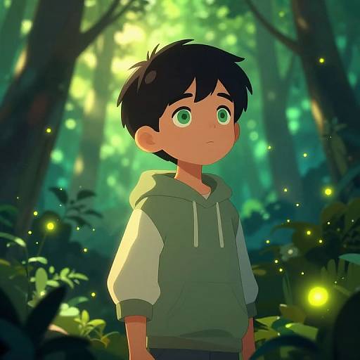 Digital anime-style drawing of a young boy with black hair and green eyes, wearing a green hoodie, standing in a glowing, magical forest with fireflies