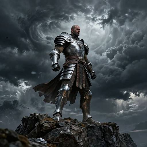 Photorealistic digital art of a bald, muscular man in silver armor standing on a rocky cliff, under a dramatic, cloudy sky.