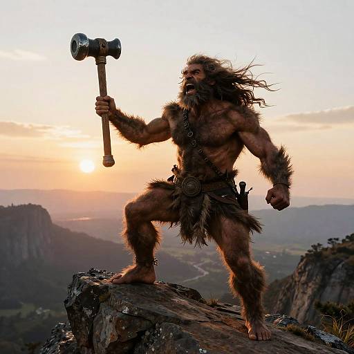 Triumphant Hairy Caveman on Cliff