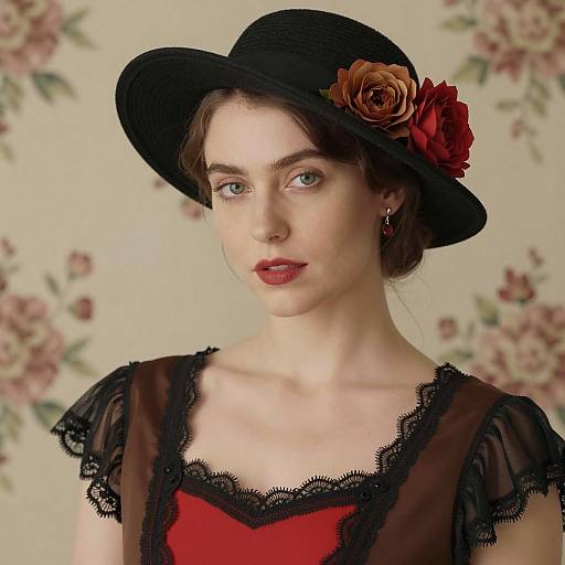 Vintage Style Woman with Black Hat and Floral Dress
