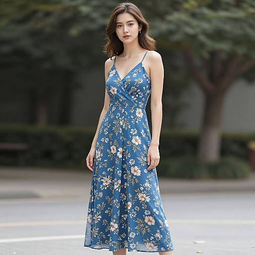 Photograph of a young woman with fair skin and brown wavy hair, wearing a blue floral sundress with white and yellow flowers, standing outdoors on