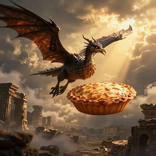 Epic Drake and Floating Pie Over Ruins