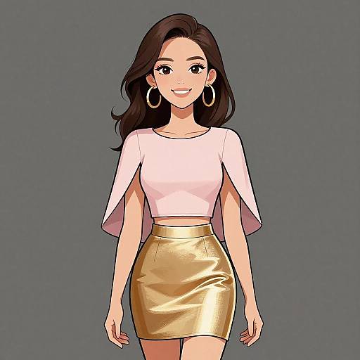 Digital illustration of a smiling woman with long dark hair, wearing a white crop top and gold metallic skirt, with large hoop earrings, against a gray background
