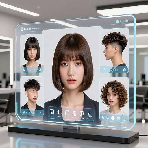 Digital photo of a futuristic interface displaying four diverse portraits of young individuals with different hairstyles, centered on a white background in a modern, brightly lit office.