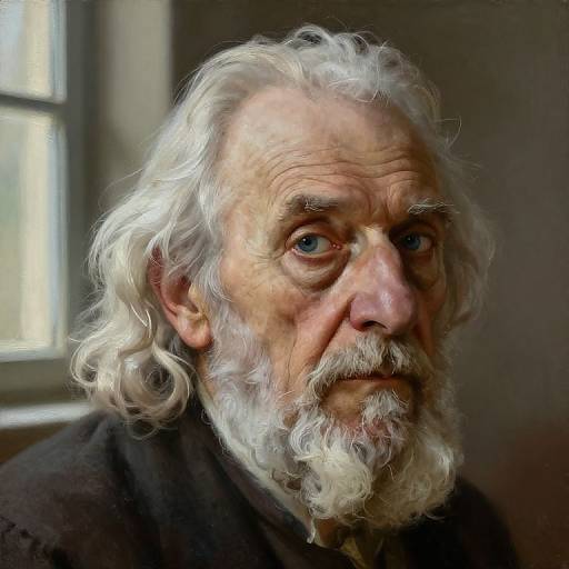 Photograph of an elderly man with long, curly white hair, a full white beard, and blue eyes, wearing a dark cloak, standing near a