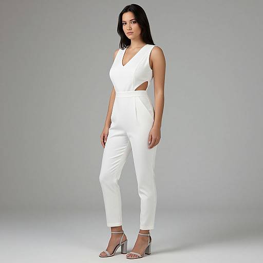 Photograph of a confident woman with long black hair, wearing a sleeveless white jumpsuit with cutouts, and silver high heels, standing against a