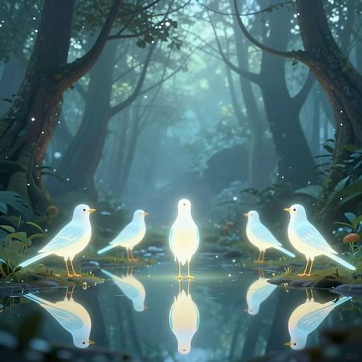 Digital artwork of three glowing white seagulls standing in a reflective, misty forest pond, surrounded by lush greenery and ethereal blue light.