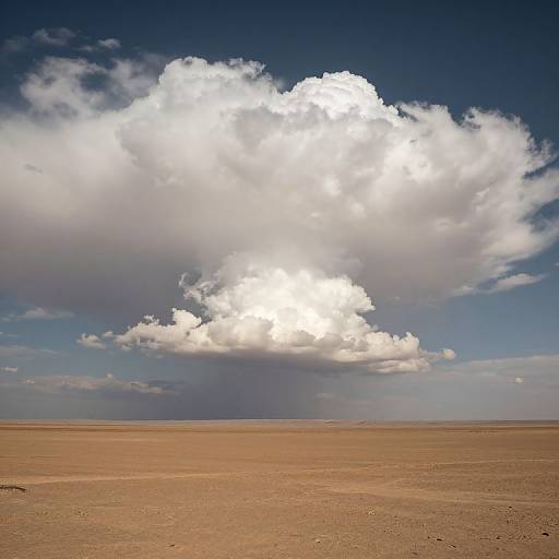 Photograph of a vast, empty desert with a large, bright white cumulus cloud dominating the deep blue sky.