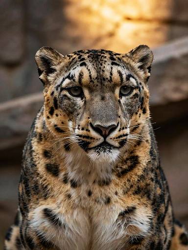 Photograph of a focused snow leopard with intricate black and brown spotted fur, intense eyes, and a blurred rocky background.