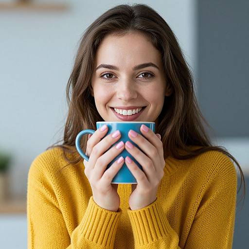 Photograph of a smiling young woman with long brown hair, holding a blue mug, wearing a yellow knit sweater, in a softly lit kitchen.