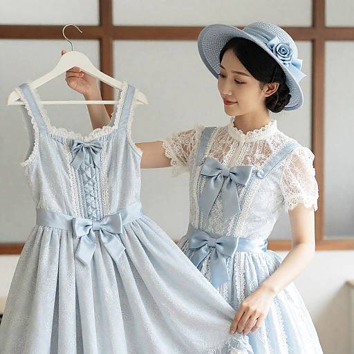 Woman in Light Blue Lace Dress Holding Matching Dress