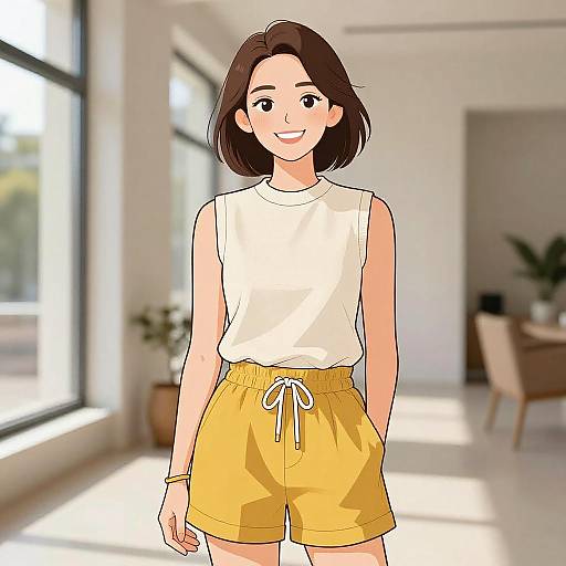 Anime-style digital drawing of a smiling young woman with short brown hair, wearing a white sleeveless top and yellow shorts, standing in a bright, sun