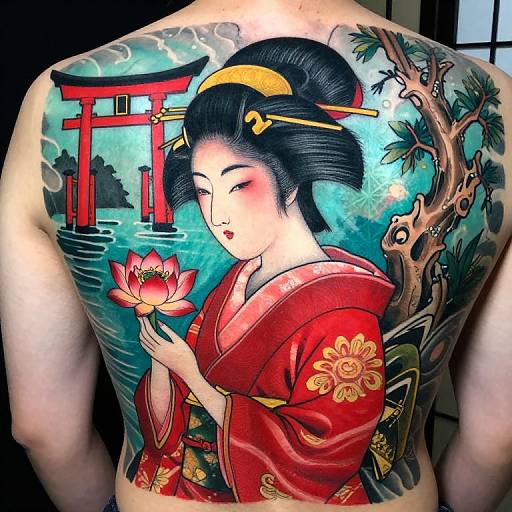 Tattooed back of a person featuring a traditional Japanese geisha in red kimono, holding a lotus flower, with Torii gate and
