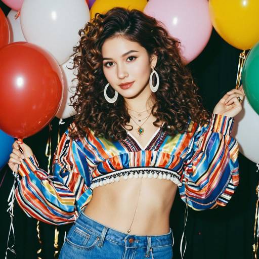 Young Woman in Colorful Groovy Party Outfit with Balloons