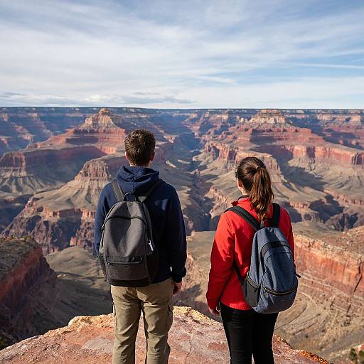 Photograph of a man and woman standing on a cliff, back to the viewer, gazing at Grand Canyon's expansive, colorful landscape under a partly