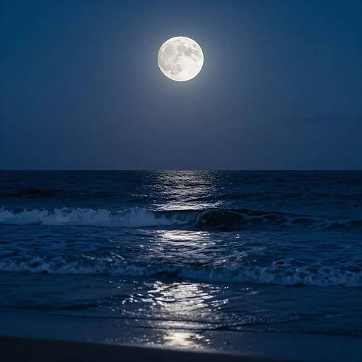 Photograph of a full moon shining brightly over a dark blue ocean, with moonlight reflecting on gentle waves in the foreground.