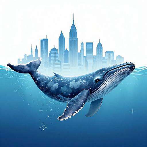 Digital artwork of a blue whale with starry patterns swimming beneath a glowing, blue-toned city skyline in the background.