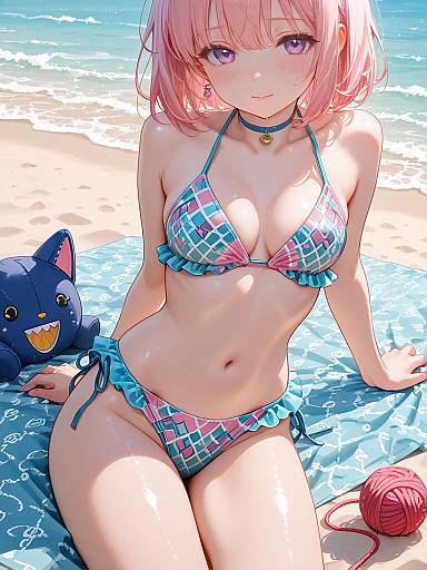 Anime Girl in Retro Crochet Swimwear on Beach