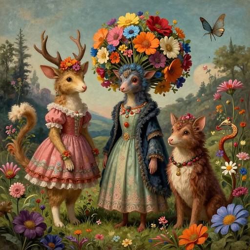 Digital painting of three anthropomorphic deer in Victorian dresses, one with a vibrant flower headdress, standing in a colorful meadow with flowers and a butterfly