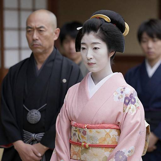 Traditional Japanese Woman in Pink Kimono with Men