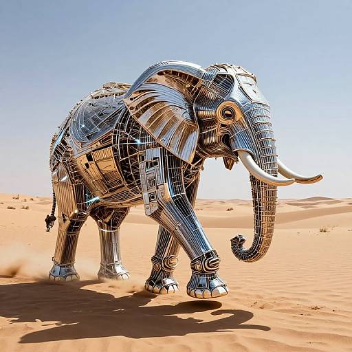 Photorealistic CGI of a metallic, wireframe elephant walking in a sunlit desert, with golden sand and clear blue sky.